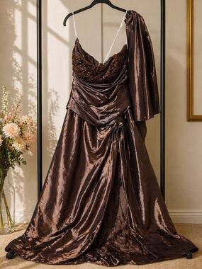 Jovani Brown Satin Formal Gown | Beaded Bodice | Prom Gala Evening Dress
